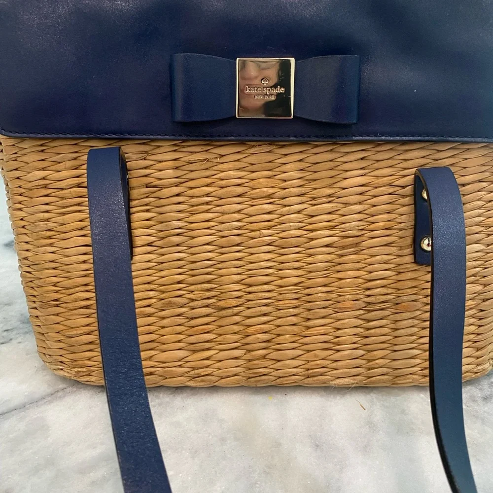 Kate Spade navy blue and wicker purse - Picture 3 of 5